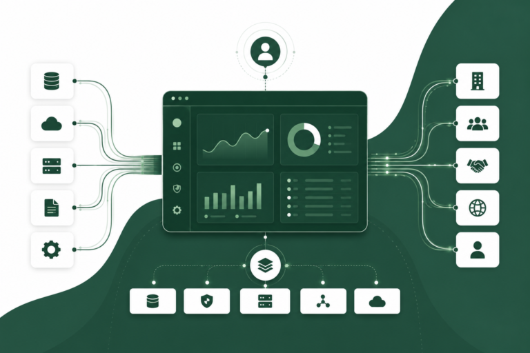 EDI outsourcing architecture blueprint showing data flowing from trading partners through a managed service hub into an ERP system