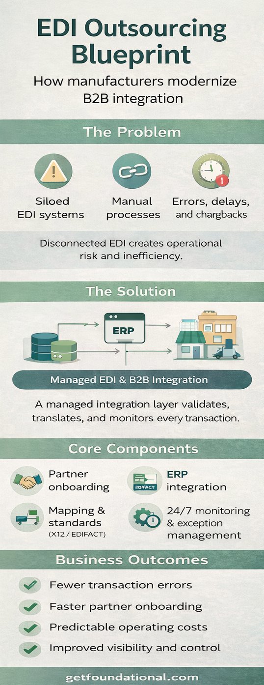 EDI outsourcing blueprint showing how managed EDI integrates ERP systems with trading partners.