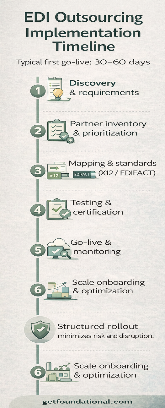 EDI outsourcing implementation timeline from discovery through partner onboarding and scale.