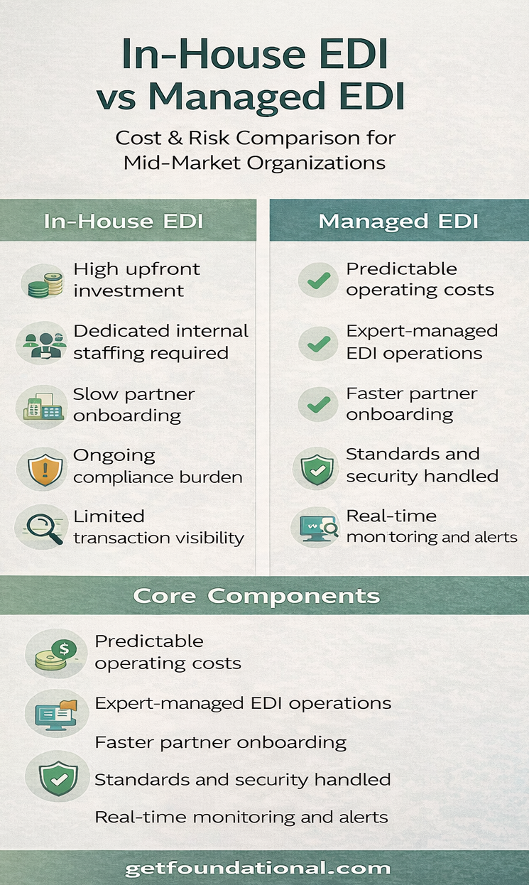 Comparison of in-house EDI versus managed EDI across cost, staffing, compliance, and visibility.