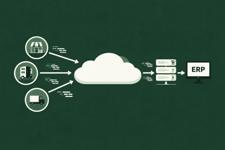 EDI outsourcing architecture blueprint showing data flowing from trading partners through a managed service hub into an ERP system