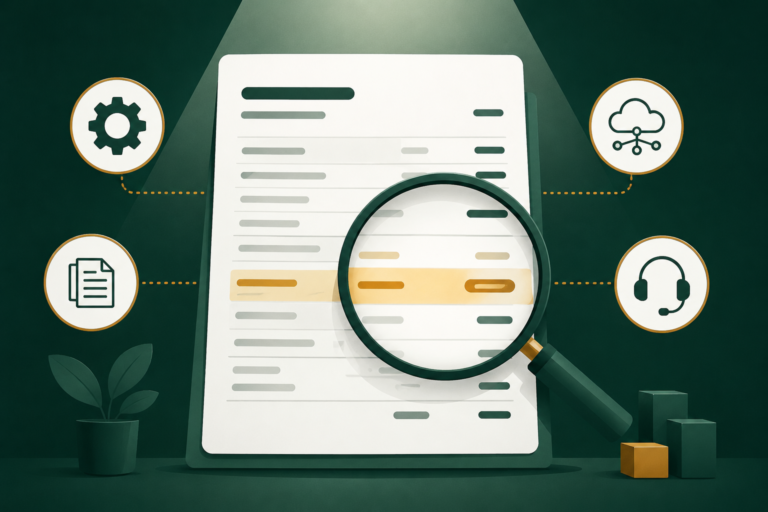 Magnifying glass examining the line items of a managed EDI cost breakdown