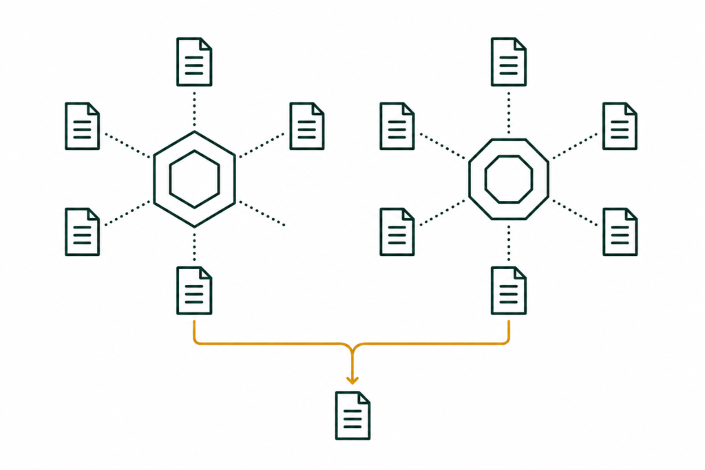 Flat illustration of two related business systems connecting to a shared document flow, representing Dynamics 365 EDI integration