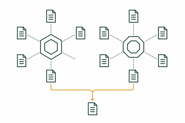 Flat illustration of two related business systems connecting to a shared document flow, representing Dynamics 365 EDI integration