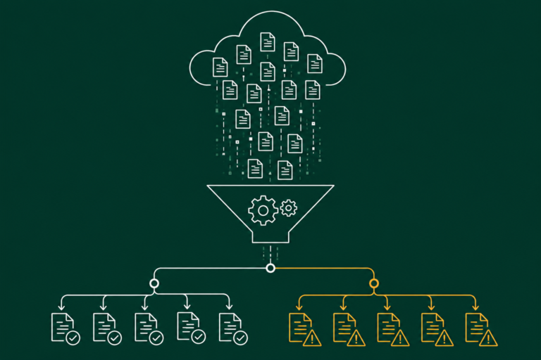 Flat illustration of documents cascading through an automated sorting funnel, representing Amazon Vendor Central EDI processing