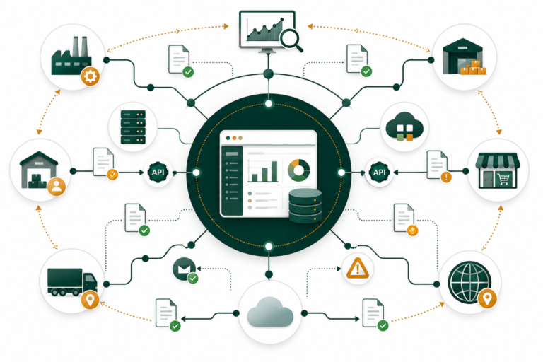 Illustration showing an ERP system at the center of a broader B2B integration network connecting trading partners, EDI, APIs, monitoring, and managed integration services.