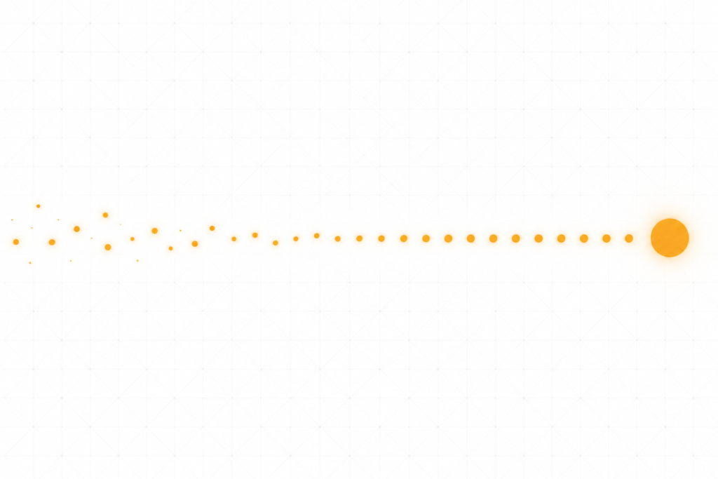 A path of scattered signals gradually settling into a steady, even rhythm — representing onboarding stabilizing into steady-state support