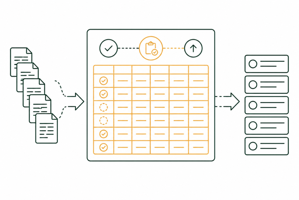 Flat illustration of documents queuing through staged interface table processing, representing JD Edwards F47 EDI integration