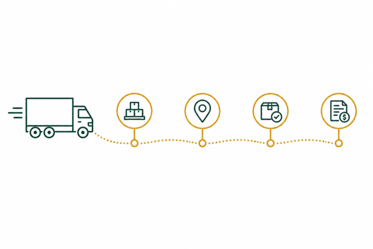 Flat illustration of a freight truck route with sequential status checkpoints, representing McLeod EDI integration