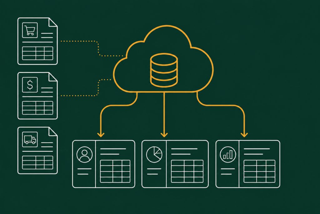 Flat illustration of cloud ERP data flowing into structured business records, representing NetSuite EDI integration