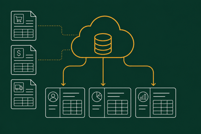 Flat illustration of cloud ERP data flowing into structured business records, representing NetSuite EDI integration