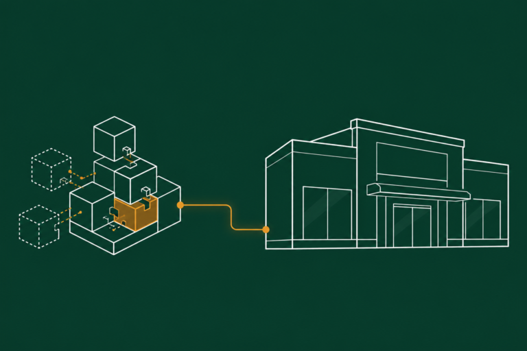 Flat illustration of modular building blocks connecting to a large retail storefront, representing Odoo EDI integration for first retail partners