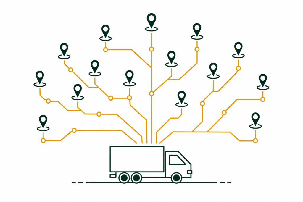 Flat illustration of a growing carrier network with branching routes expanding outward, representing Rose Rocket EDI integration