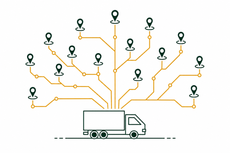 Flat illustration of a growing carrier network with branching routes expanding outward, representing Rose Rocket EDI integration