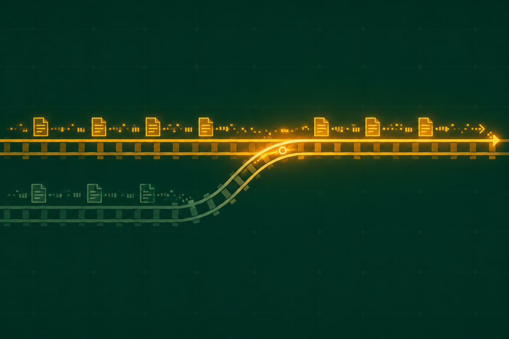 Data documents flowing uninterrupted as an EDI connection switches from a faded old provider track onto a new active track