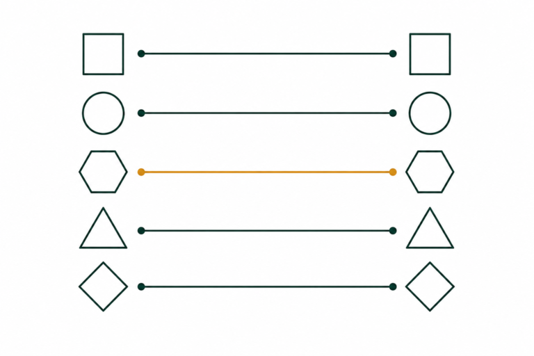 Flat illustration of two item columns connected by precise matching lines, representing Target EDI item cross-referencing