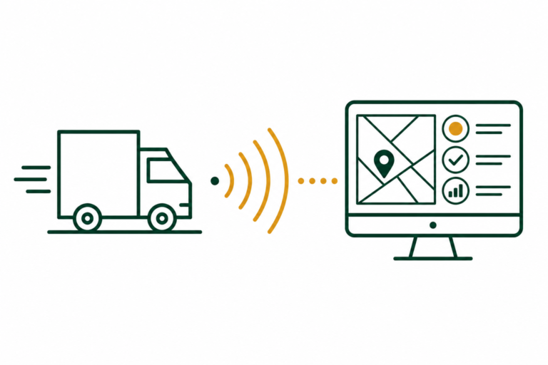 Flat illustration of real-time logistics tracking with signal waves to a status dashboard, representing Turvo EDI integration