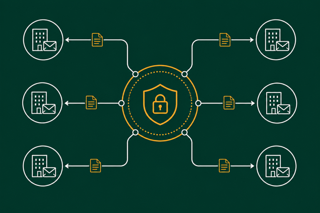 Flat illustration of a value added network: central hub routing EDI documents between trading partner mailboxes