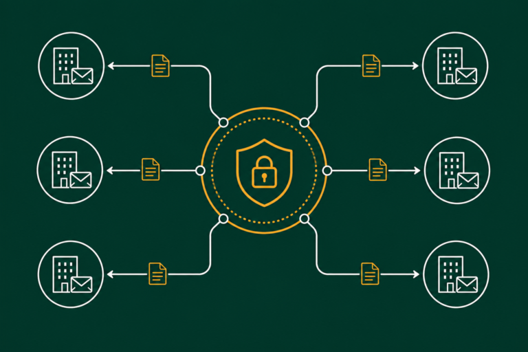 Flat illustration of a value added network: central hub routing EDI documents between trading partner mailboxes