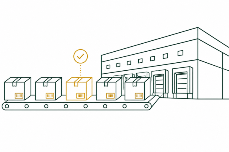 Flat illustration of labeled cartons flowing toward a distribution center, representing Walmart EDI supplier compliance