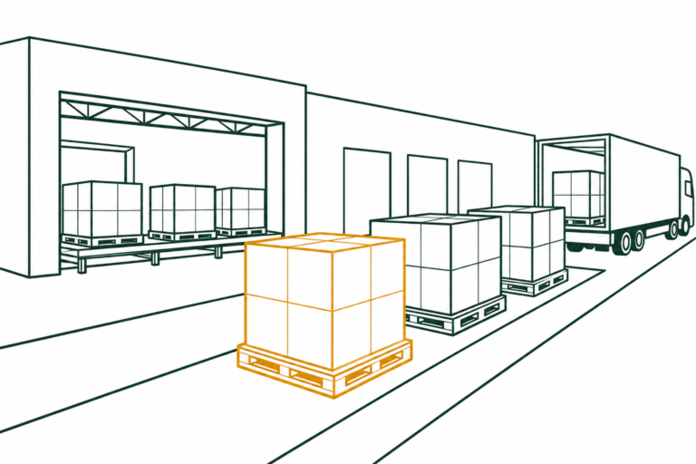 Flat illustration of large uniform pallets moving through a streamlined depot, representing Costco EDI pallet-level logistics