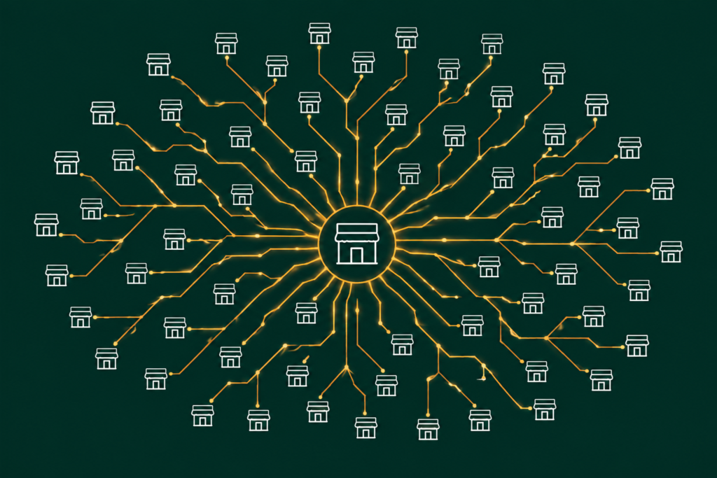 Flat illustration of a single store rapidly multiplying into dozens of connected stores, representing Dollar General EDI rollout scale