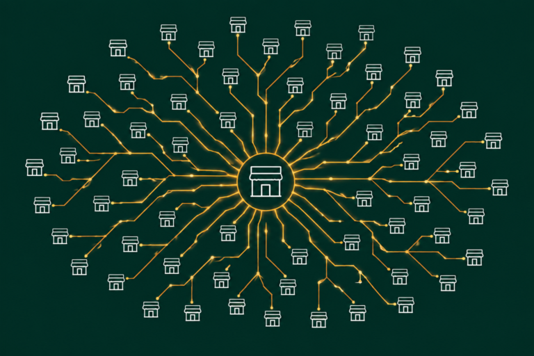 Flat illustration of a single store rapidly multiplying into dozens of connected stores, representing Dollar General EDI rollout scale