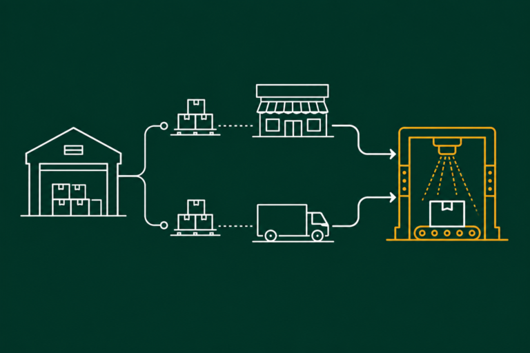 Flat illustration of two fulfillment paths converging at an automated receiving gate, representing Home Depot EDI compliance
