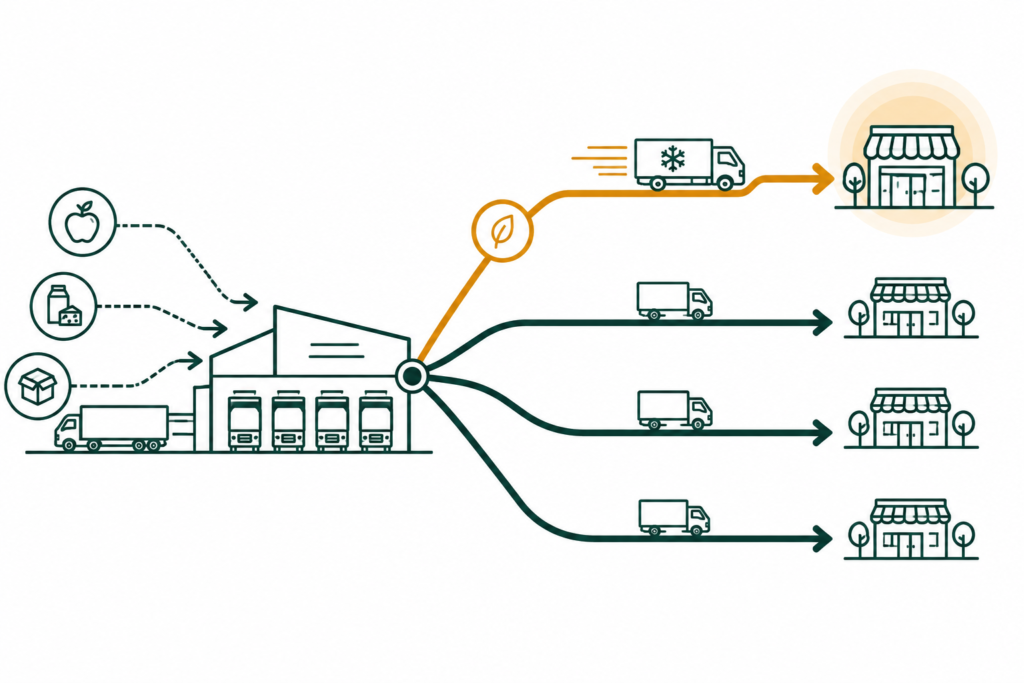 Flat illustration of a branching distribution network with a highlighted perishable delivery path, representing Kroger EDI compliance