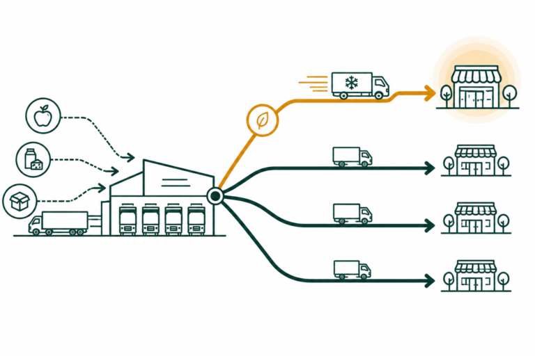 Flat illustration of a branching distribution network with a highlighted perishable delivery path, representing Kroger EDI compliance