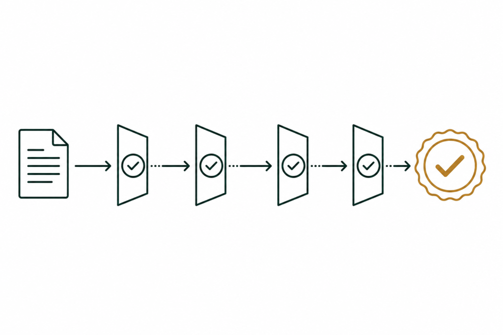 Flat illustration of a document moving through sequential validation gates to a final approval seal, representing EDI testing and certification