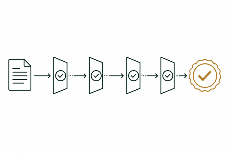 Flat illustration of a document moving through sequential validation gates to a final approval seal, representing EDI testing and certification