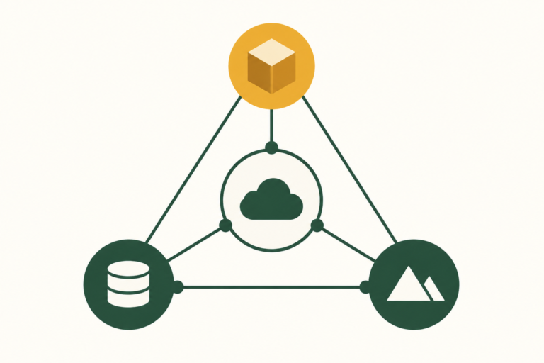 Flat illustration of three connected shapes arranged around a central cloud platform, representing the company, implementation partner and EDI provider in an Acumatica project