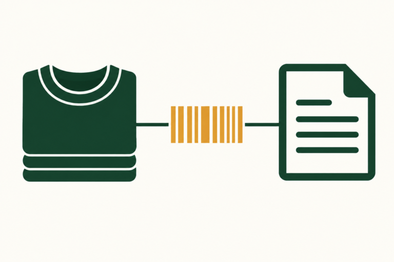 Flat illustration of a garment connected to a document by a line carrying a barcode, representing GTIN item identification in EASI standards EDI